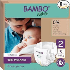 Bambo Nature bērnu autiņbiksītes 2. izmēra (3-6 kg) 180 gab. Mēneša kaste | Premium klases autiņbiksītes ar uzlabotu aizsardzību pret noplūdi | Maksimāls komforts un brīvība jaundzimušajiem | Dermatoloģiski pārbaudītas autiņbiksītes