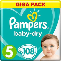 Pampers Baby-Dry 5 izmēra autiņbiksītes (11-23 kg), gaisa kanāli elpojošai sausumam visas nakts garumā, 1 iepakojums (1 x 108 gab.)