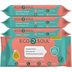 ECO SOUL 100 % bambuko valymo servetėlės, 8 pakuotės po 48 vnt., 384 vnt., 99 % išgryninto vandens, hipoalerginės, ekologiškos, biologiškai suyrančios servetėlės, tvarios, ekologiškos