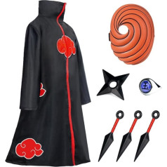 Akatsuki mētelis bērniem, pieaugušajiem, Unisex Cosplay kostīms, Cosplay, Helovīna, Ziemassvētku svinību kostīms, apmetnis ar masku un gredzenu (melns, XXL)