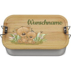 PR Print Royal Large Lunch Box Print ar vārdu un bērnu motīvu - Teddy - dāvana bērniem uz iestāšanos skolā, personalizēta dāvana - pusdienu kastes dizains, koka vāks, BPA-Free, 1000 ml