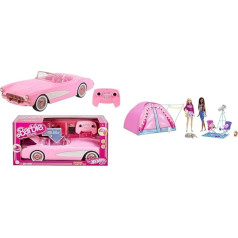 Barbie HOT Wheels R/C Corvette - tālvadības transportlīdzeklis un Let's Go kempinga telts, 2 lelles, 1x blondīne, 1x melna