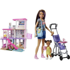 Barbie GRG93 Sapņu villa, trīsstāvu leļļu māja (114 cm) ar baseinu, slīdkalniņu, liftu, gaismām un skaņām & FJB00 Leļļu rotaļu komplekts Skipper ar lecošo ratiņu komplektu