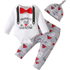 Vasaras toddler apģērbu komplekti Valentīna diena zīdaiņu zīdaiņu zēni vēstule garām piedurknēm Bowknot Romper topi karikatūra bikses ar cepuri apģērbs komplekts 3PCS