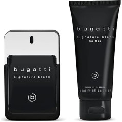 bugatti signature black vyriškų kvepalų dovanų rinkinys, tualetinis vanduo 100 ml + dušo želė 200 ml, mediniai vyriški kvepalai, dovanų dėžutė, kvepalų ir dušo želės rinkinys vyrams, elegantiškas, sportiškas, aromatingas