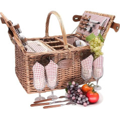 Les Jardins de la Comtesse Saint-Germain Picnic Basket Red Check Dark Willow - Basket with Compartment for One Bottle - for 4 People