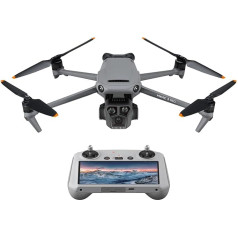 DJI Mavic 3 Pro su DJI RC (ekrano nuotolinio valdymo pultu), pavyzdinis dronas su triguba kamera ir 4/3 CMOS 