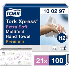 Tork Xpress H2 100297 Īpaši mīksti salokāmie papīra roku dvieļi - salokāmie roku dvieļi ar rokas dvieļu dozatoru - īpaši mīksti un absorbējoši, 2 kārtu, balti - 21 x 100 dvieļu