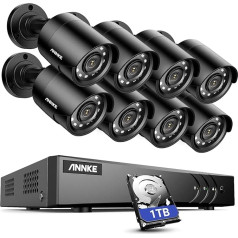 ANNKE 8CH 1080p novērošanas kameru komplekts, 8 kameras, 3K Lite H.265+ DVR ar 1TB cieto disku, āra videonovērošana ar 8 x 2MP pret laikapstākļiem izturīgām IP66 kamerām, vadu, inteliģenta atskaņošana, attālināta piekļuve