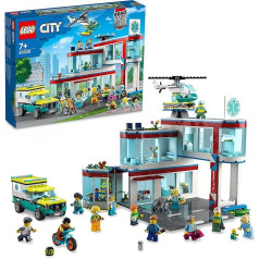 LEGO 60330 Pilsētas slimnīca ar ātrās palīdzības mašīnu, glābšanas helikopteru un 12 minifigūriņām zēniem un meitenēm no 7 gadiem, rotaļlieta ar pilsētas ēkām