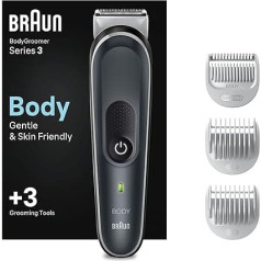 Braun Bodygroomer 3 ķermeņa kopšanas un epilācijas aparāts vīriešiem ar SkinShield tehnoloģiju, jutīgām ķemmēm un metāla asu asmeni, BG3350, melns/pelēks, darbmūžs