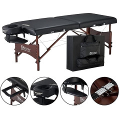 Master Massage 71 cm NewPort Mobile Massage Table Salokāms masāžas galds Masāžas gulta Masāžas sols Kosmētikas atpūtas krēsls Portatīva skaistumkopšanas gulta Koka kājas Pārnēsājamā soma Iepakojums Melns