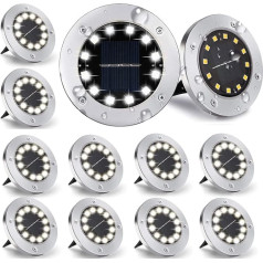 Nurkoo Pack of 12 Solar Floor Lights Outdoor 12 LED saules gaismas diodes 800 mAh diska apgaismojums ar modernizētu saules paneli Dārza apgaismojums Saules lampa Saules starmeši dekorēšanai zālienam, celiņam, baseinam, terasei (Cool)