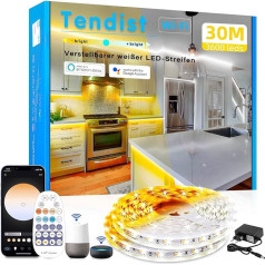 TENDIST 30M LED Strip Warmweiß 3000k Kaltweiß 6500K, Alexa Kompatibel Weiß Led Streifen mit Fernbedienung, Dimmbar Selbstklebend Unterschrank Beleuchtung Led Lichtband für Küche, TV, Vitrinen