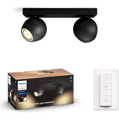 Philips Hue White Ambiance Buckram Spot 2 spuldzes, melnas, 2 x 250 lm, ar dimmera slēdzi, aptumšojamas, pilnībā balti toņi, kontrolējamas ar lietotnes palīdzību, saderīgas ar Amazon Alexa (Echo, Echo Dot), iepakojumā 1 gab.