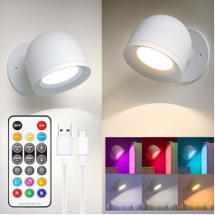 Rinfency Pack of 2 LED iekštelpu sienas lampas, RGBCW uzlādējams akumulatora sienas lukturis bez elektrības pieslēguma un urbšanas, bezvadu tālvadības pults un skārienlampa guļamistabai, viesistabai, bērnu istabai,