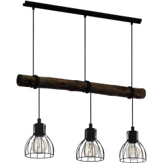 EGLO Horningtops 3 spuldzes kulonu gaisma Vintage Industrial Retro kulonu gaisma Tērauda un koka ēdamgaldiņa galda lampa Dzīvojamās istabas lampa, melna, tumši brūna, E27 ligzda