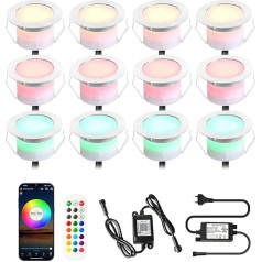 SUBOSI 12 WiFi iebūvētu grīdas lampu komplekts, darbojas ar Alexa, RGB LED iebūvēts prožektors, DC12 V, diametrs 45 mm, 0,5 W LED grīdas lampu komplekts ar WiFi bezvadu viedtālruni, pilns komplekts