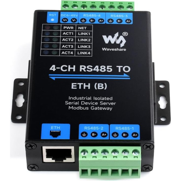 Waveshare 4 kanālu RS485-R RJ45 Ethernet seriālais serveris, 4 kanālu RS485 neatkarīga darbība, divvirzienu caurspīdīga pārraide, Modbus vārteja, kopīgs tīkla ports