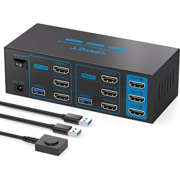 AILVLVNG 4K 60Hz EDID HDMI KVM slēdzis 2 datoru 3 monitoriem USB 3.0 KVM slēdzis 2 datoru 3 monitoriem un 4 USB pieslēgvietām, atbalsta displeja paplašināšanu un displeja spoguļus