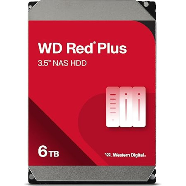 WD Red Plus iekšējais cietais disks NAS 6 TB (3,5 collu, darba slodzes ātrums 180 TB/gadā, 5400 apgr./min, 256 MB kešatmiņa, 180 MB/s datu pārraides ātrums, NAS programmatūras programmaparatūra savietojamībai, 8 nodalījumi) - sarkans