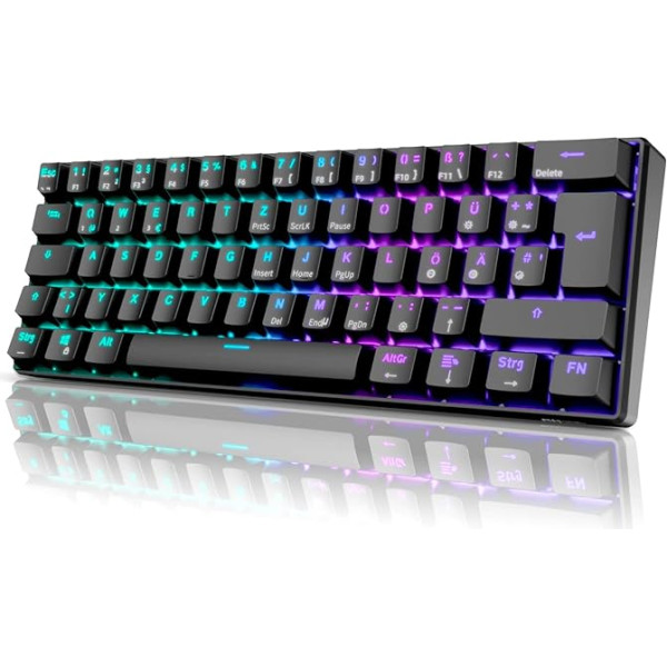 RK ROYAL KLUDGE RK61 RGB 60% Mechanical Gaming Keyboard, Wireless/Wired Bluetooth Keyboard with Hot-Swap Enabled Linear Red Switch, Compatible with Multiple Devices, Black (QWERTZ)