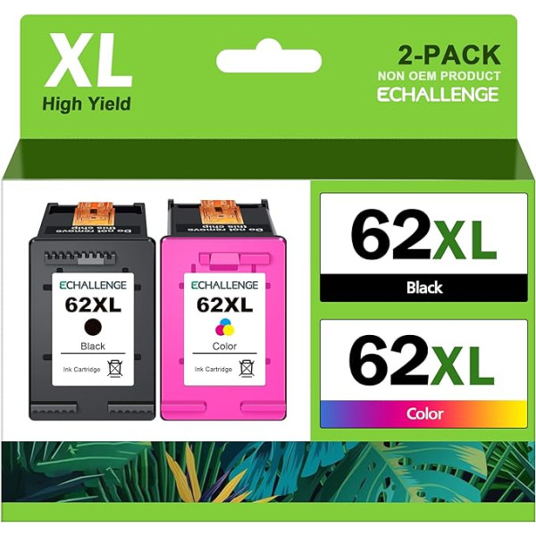 ECHALLENGE 62XL (C2P07AE) krāsaina un melna tintes kasetne HP 62 Multipack XL tintes kasetnei Envy 5640 7640 5540 5540 5548 5546 7645 OfficeJet 250 200 5740 5742 258 (melna, trīskrāsu)