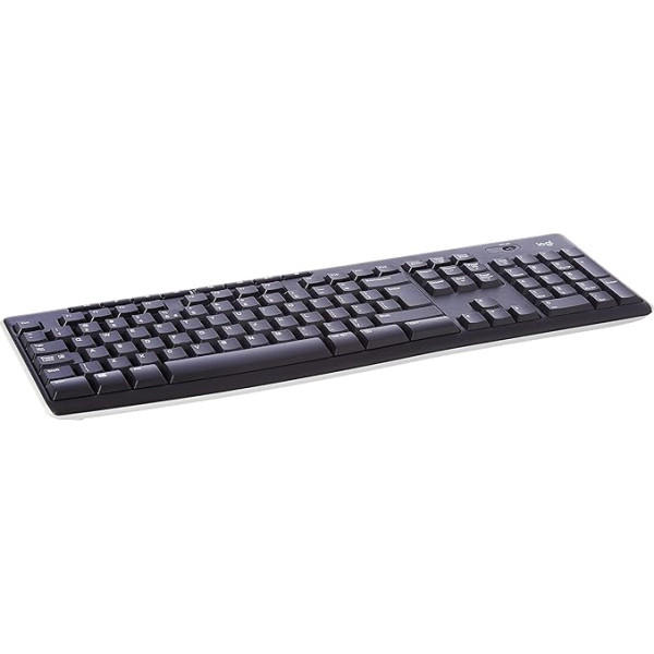 Logitech K270 bezvadu tastatūra, 2,4 GHz savienojums, izmantojot Unifying USB uztvērēju, 8 multivides un īsceļu taustiņi, noturīga pret šļakatām, 2 gadu akumulatora darbības laiks, starptautisks QWERTY izkārtojums.