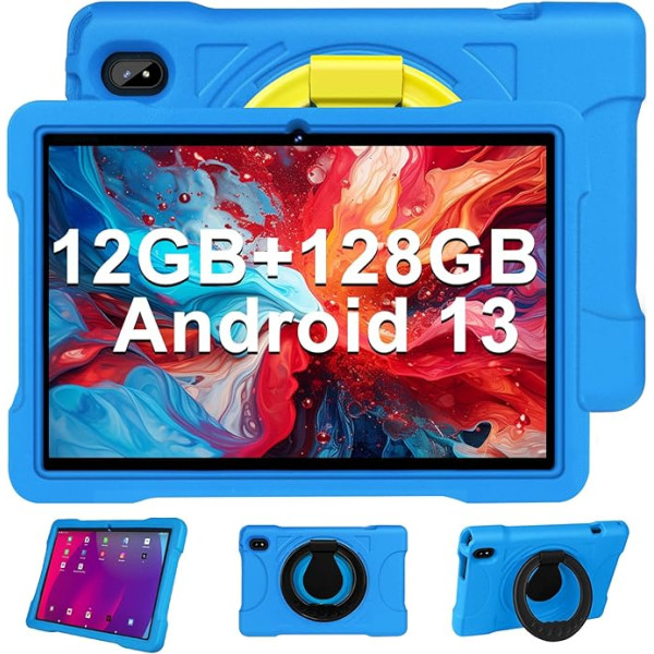 2024 Latest Tablet 10 Inch Android 13 12GB RAM + 128GB ROM, Tablet Children/Family, WiFi 5G, Bluetooth 5.0, Octa-Cores 2.0Ghz, 8MP+5MP, GMS Certified, Kids Space, Play Store, with EVA Case, Blue