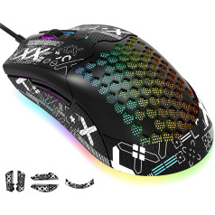 KUIYN 383 PRO M5 Ultralight Wired Gaming Mouse, viegls Honeycomb apvalks, Pixart PAW3325, 6 regulējami DPI 12000, 26 RGB elpojošas peles ar fona apgaismojumu, 65g, optiskās USB peles modelis