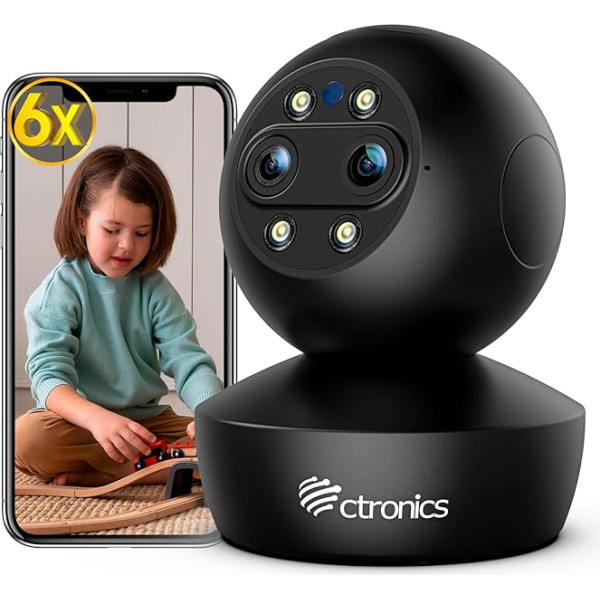 ctronics Interjera videonovērošanas kamera WiFi, 6X Hybrid Zoom 360° PTZ IP kamera iekštelpās ar lietotni, personu/kustību noteikšana, automātiska tālummaiņas izsekošana, krāsu nakts redzamība 20 m, divvirzienu audio, signalizācija