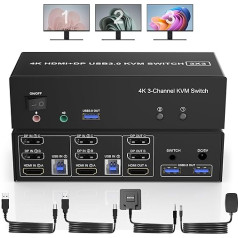 HDMI + 2 Displayport USB 3.0 KVM slēdzis trīskāršam monitoram 2 datoriem, 4K@60Hz KVM slēdzis 2 datori x 3 monitori ar audio mikrofona izeju un 3 USB 3.0 pieslēgvietām, tastatūras un peles slēdzis