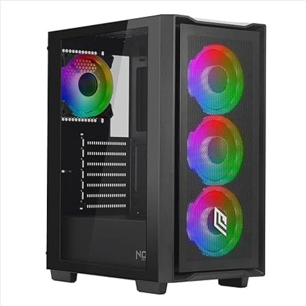 Noua Smash S102 Black Case PC Gaming ARGB Mid-Tower ATX, 4 RGB LED ventilatori, sinhronizējami, 120 mm, tīklveida priekšējais panelis un rūdīta stikla sānu panelis