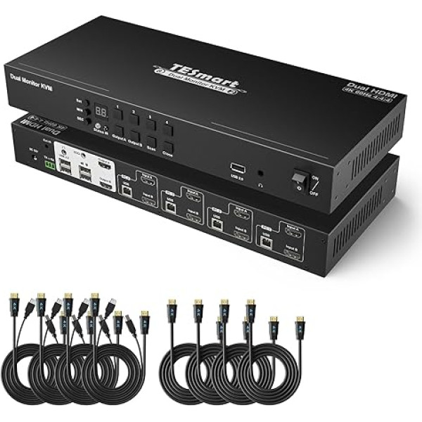 TESmart HDMI KVM slēdzis 4 PC 2 monitoriem, 4 pieslēgvietu 4K60Hz KVM slēdzis ar EDID, audio, atbalsta kaskādēšanu četriem monitoriem ar DCCI, USB skenera printerim, karsto taustiņu slēdzis ar kabeli