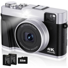 Digitālā fotokamera 4K 48MP Autofokus mit 32G Karte Optischer Sucher 16x Zoom Vlogging Kamera für Fotografie Blitz Anti-Shake Wiederaufladbare Kompaktkamera für Anfänger Teenager (Schwarz)