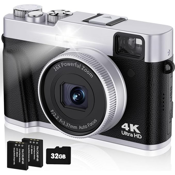 Digitālā fotokamera 4K 48MP Autofokus mit 32G Karte Optischer Sucher 16x Zoom Vlogging Kamera für Fotografie Blitz Anti-Shake Wiederaufladbare Kompaktkamera für Anfänger Teenager (Schwarz)