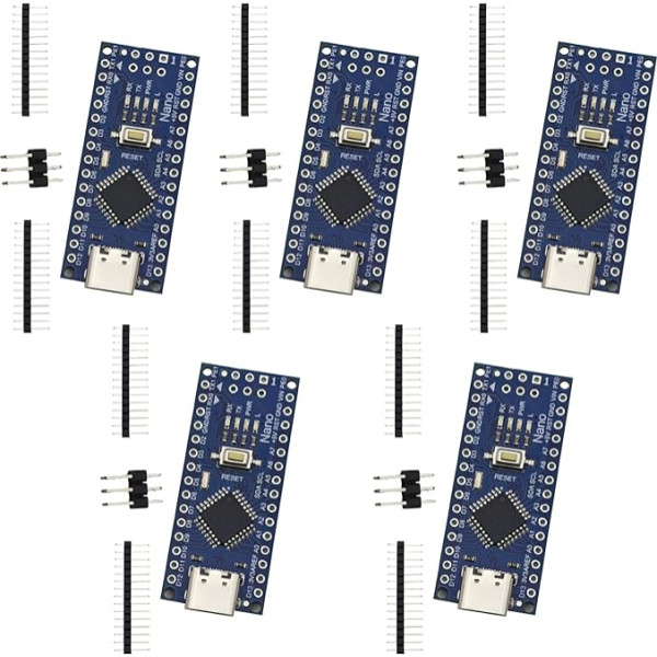 Nano V3 plašu komplekts, 5 galvenās plates ar 328P CH340G Mikrochip 5V 16M Mikrocontroller Kompatibel mit Arduino IDE, USB C interfeiss