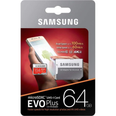 Карта памяти Samsung EVO Plus Micro SDXC 64GB до 100 МБ/с Class 10 U3 (вкл. SD-адаптер) красный/белый