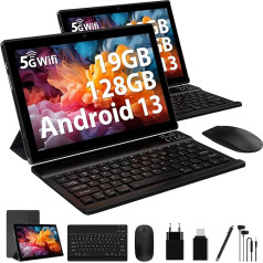 FORUSER Tablet 25,4 cm (10 Zoll), Android 13, 19 GB RAM + 128 GB ROM (1 TB TF), 5G WLAN, 8000 mAh, WLAN, Google GMS Tablet mit Tastatur und Maus und Hülle, Schwarz