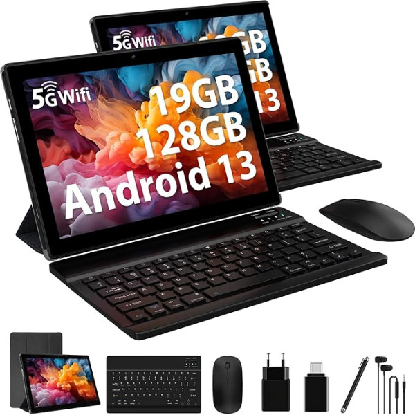 FORUSER Planšetdators 25,4 cm (10 Zoll), Android 13, 19 GB RAM + 128 GB ROM (1 TB TF), 5G WLAN, 8000 mAh, WLAN, Google GMS Tablet mit Tastatur und Maus und Hülle, Schwarz