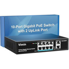 VIMIN 8 portu gigabitu PoE komutators ar 2 Uplink gigabitu pieslēgvietām, 10 portu nepārvaldāms Ethernet PoE komutators ar 120 W jaudu, atbalsta IEEE802.3af/at, VLAN, uzstādāms uz galda vai sienas, Plug & Play