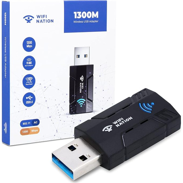 WiFi Nation® Wireless Dongle 1300Mbps WiFi Adapter 2.4G/5G Dual Band Mini USB 3.0 802.11ac Wireless Network Adapter for PC, Desktop, Laptop, Windows, MacOS and Most Linux Distros