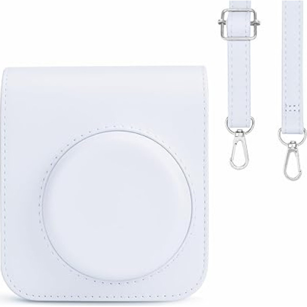 Rieibi Fuji Instax Mini 12 Camera Case - PU Leather Case for Fujifilm Instax Mini 12 Instant Camera - Detachable Pouch with Adjustable Shoulder Strap, White, Magnetic buckle