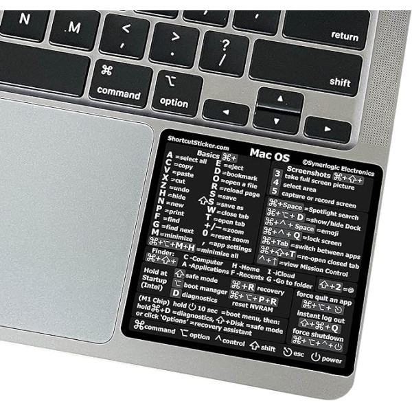 SYNERLOGIC (M/Intel) tastatūras īsceļu uzlīme - vinila uzlīme bez atlikumiem, saderīga ar 13 - 16 collu Macbook Air/Pro iMac Mac Mini (melna, 10 gab.)