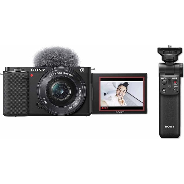Sony Alpha ZV-E10L, videokamera ar maināmu objektīvu (grozāms ekrāns, 4K video, reāllaika automātiskā fokusēšana) + GP-VPT2BT Bluetooth rokturis