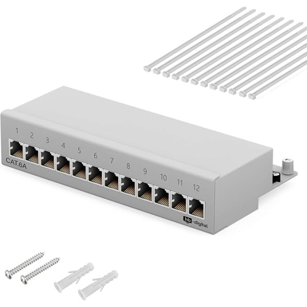 HB-DIGITAL 12-port Cat 6a LSA Patch Panel, Patch Panel, ekranēts, balts sadales panelis Cat.6a (500 MHz), galda (galda) un sienas montāžai, 12x RJ45 ligzda, TIA568A vai TIA568B zemes kabelis