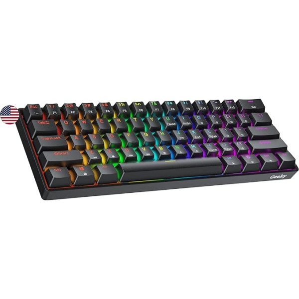 Geeky GK61 SE 60% mehāniskā spēļu tastatūra, 61 taustiņš, daudzkrāsains RGB LED fona apgaismojums PC/Mac spēlētājiem, ANSI US American izkārtojums (melns, mehāniskais, dzeltens)