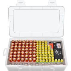 Battery Storage Box - Battery Storage Organiser with Battery Tester Battery Tester BT-618. Holds 225 Batteries for 9 V Block Batteries AA, AAA, C, D, 1.5 V - Transparent1 (L, White)