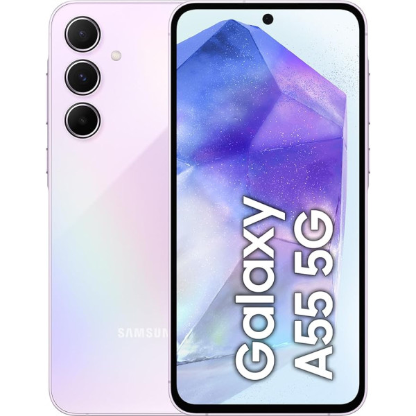 Samsung Galaxy A55 5G viedtālrunis, Android tālrunis bez līguma, 256 GB / 8 GB RAM, akumulatora darbības laiks 2 dienas, 50 MP kamera, brīnišķīgi ceriņi, 2,5 gadu garantija