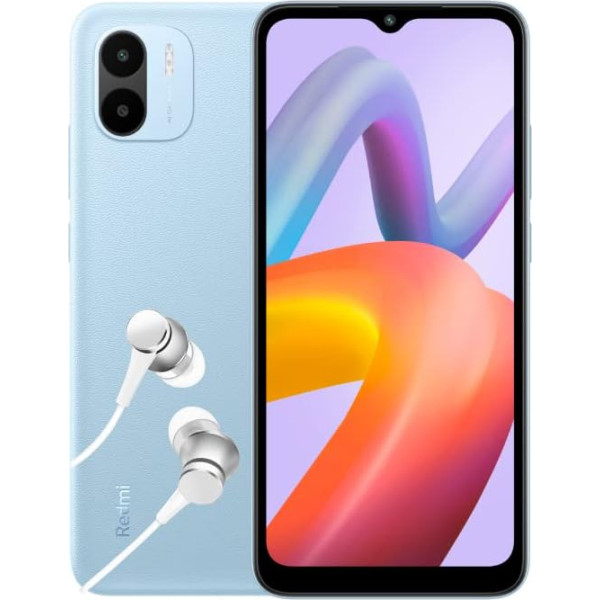 Xiaomi Redmi A2 viedtālrunis + austiņas, 2 + 32 GB, mobilais tālrunis bez līguma, 6,52 collu HD+ displejs, 5000 mAh, MediaTekHelio G36, 8MP AI Dual Camera, Dual SIM, zils (vācu versija)